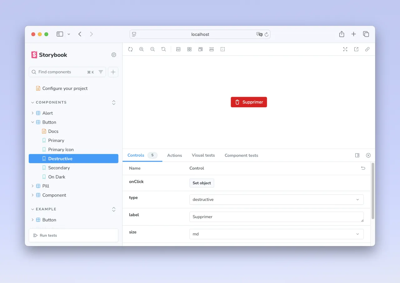View of Button component properties in Figma
